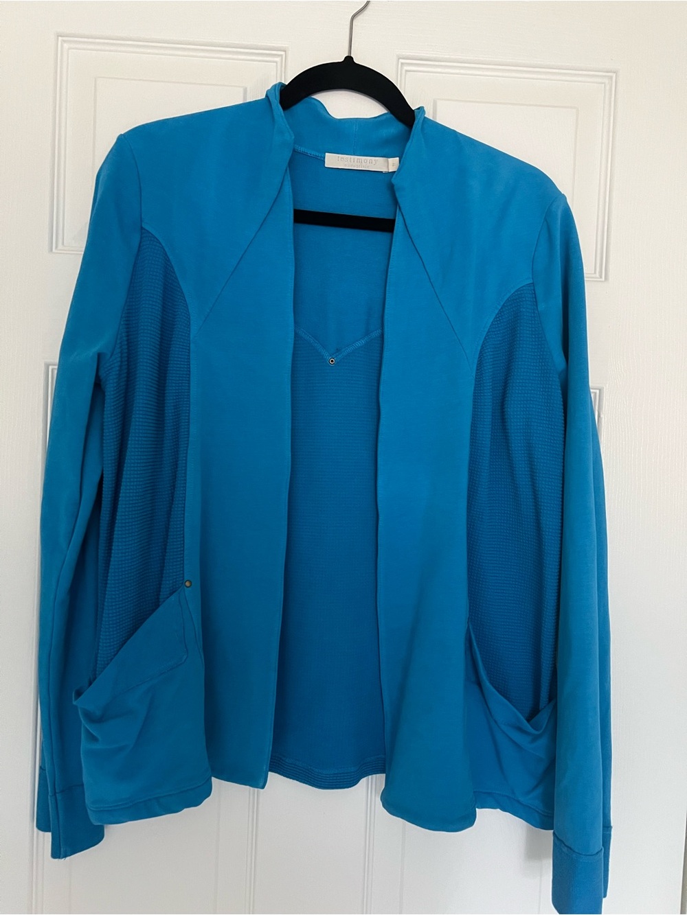 Women's Open-Front Teal Blazer with Mesh Side Panels